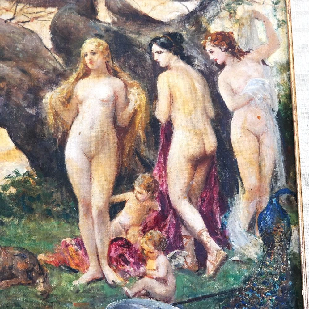 Tre nudi in un giardino con putti, un pavone, un cane e un pastore - dettaglio